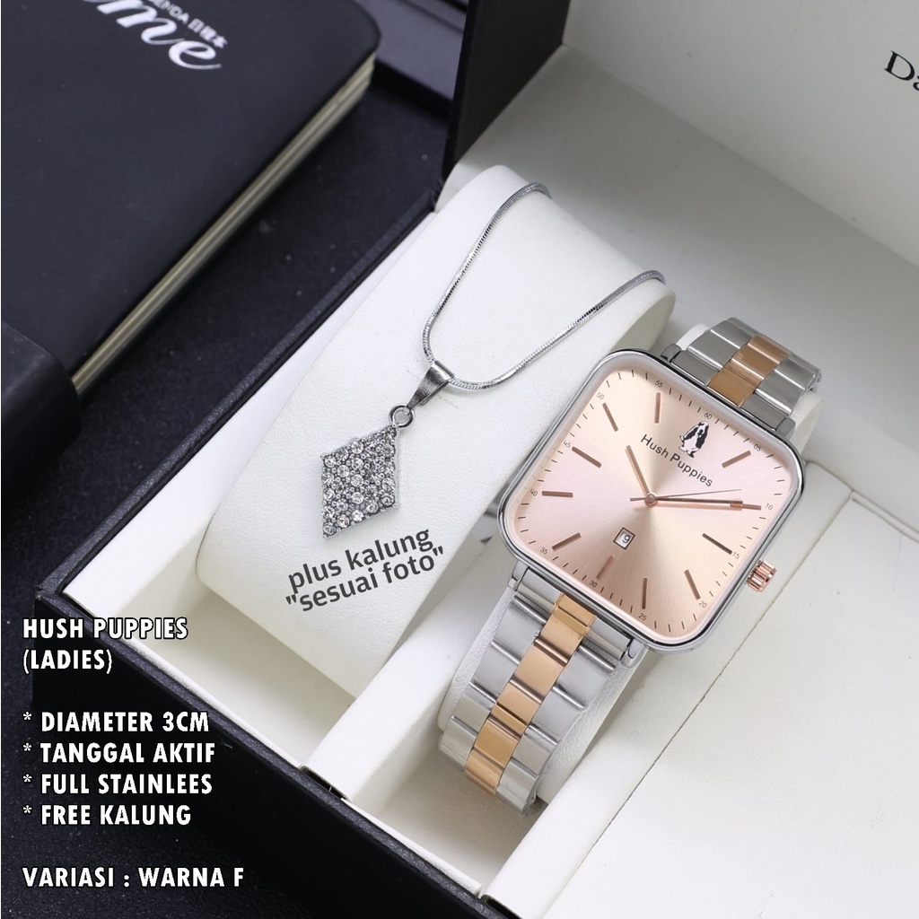 (BISA COD) JAM TANGAN WANITA HUSH PUPPIES H-009 RANTAI BODY SEGI TANGGAL AKTIF FREE KALUNG