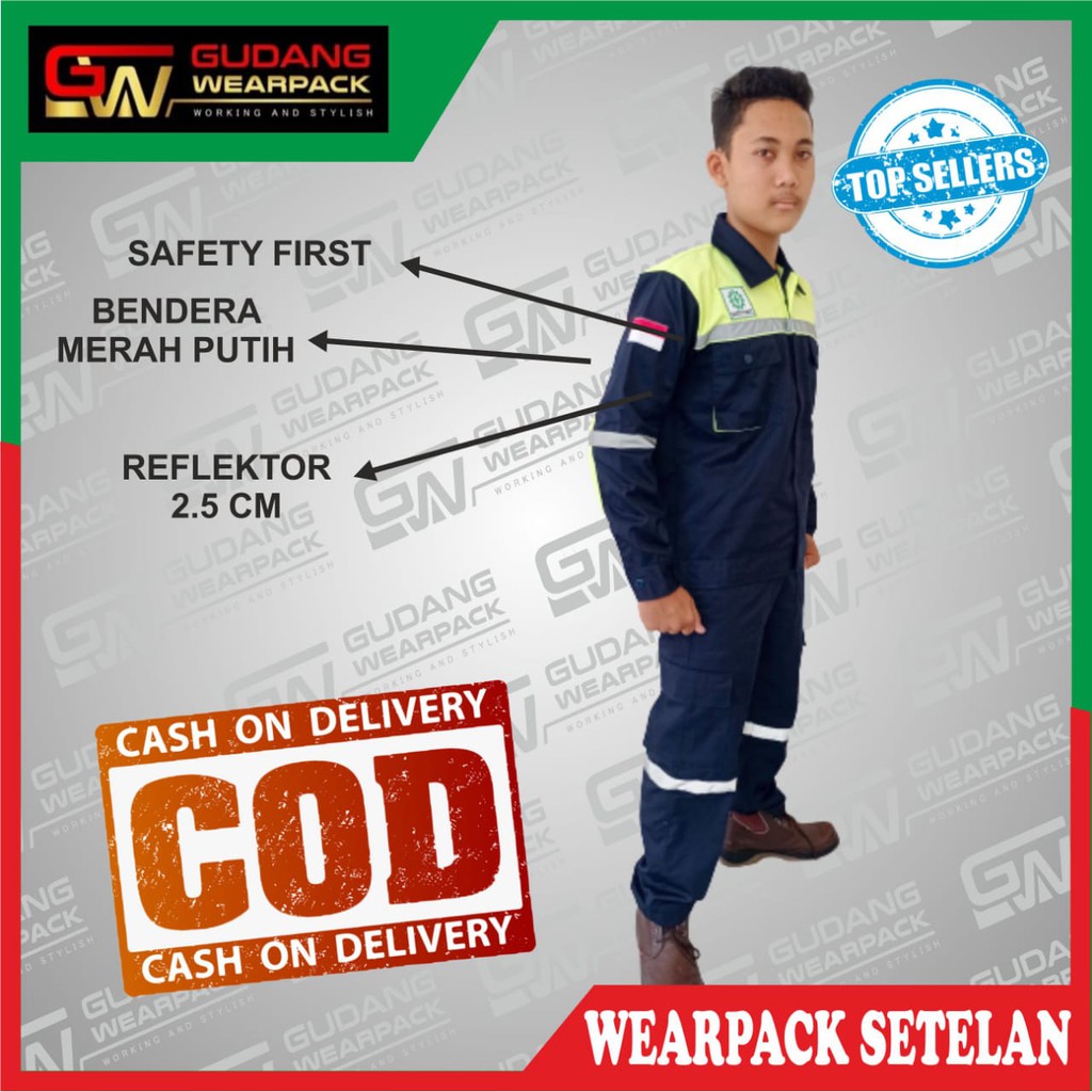 Star Wearpack - Setelan Baju &amp; Celana Baju Kerja Proyek Warna Dongker Kombinasi Stabilo Lengan Panjang