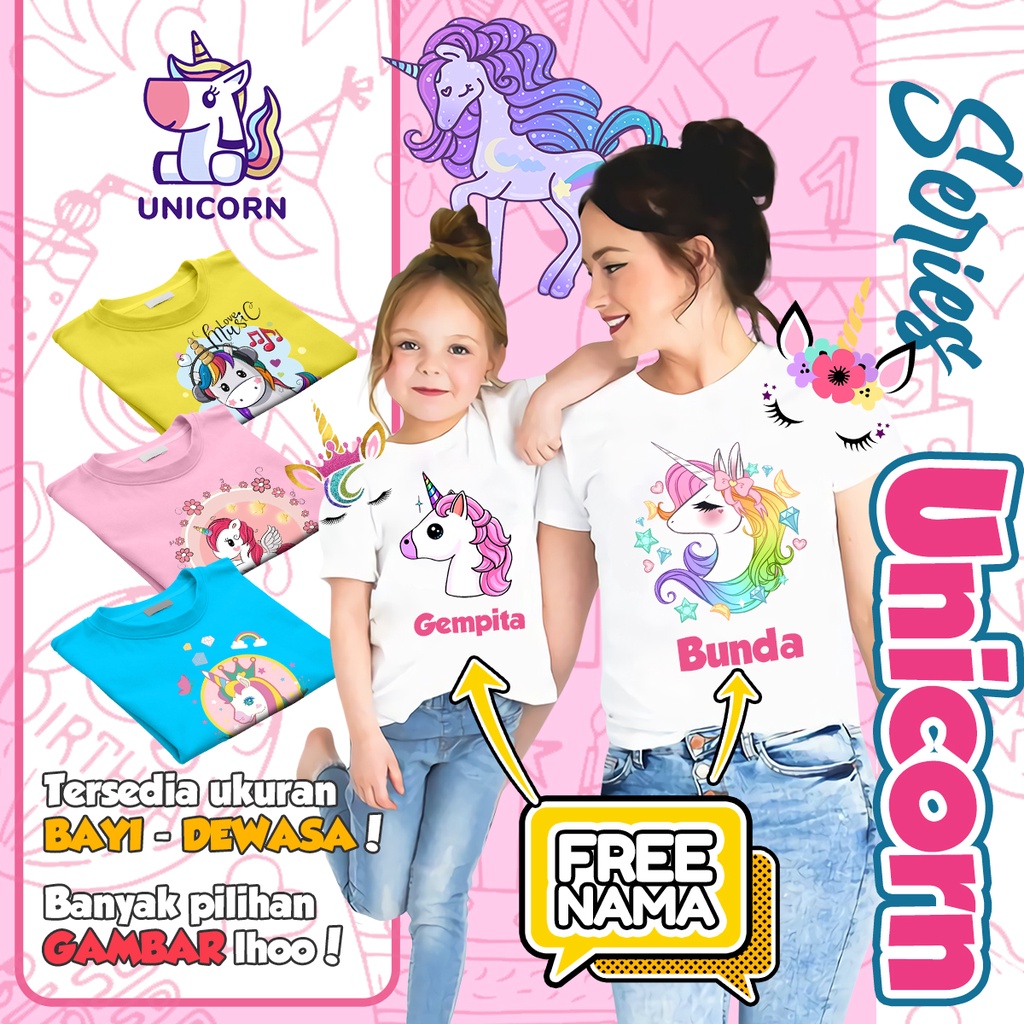 [FREE NAMA!!] Baju Kaos COUPLE ANAK DAN DEWASA UNICORN BANYAK MOTIF