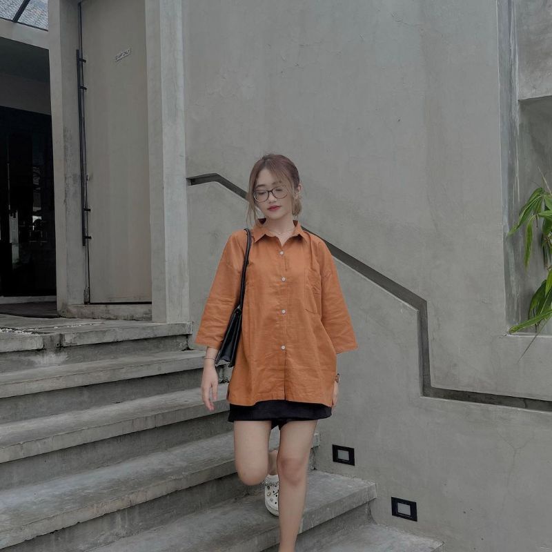 KEMEJA LINEN SINGEL POCKET - OVERSIZED SHIRT LINEN- ATASAN WANITA CASUAL