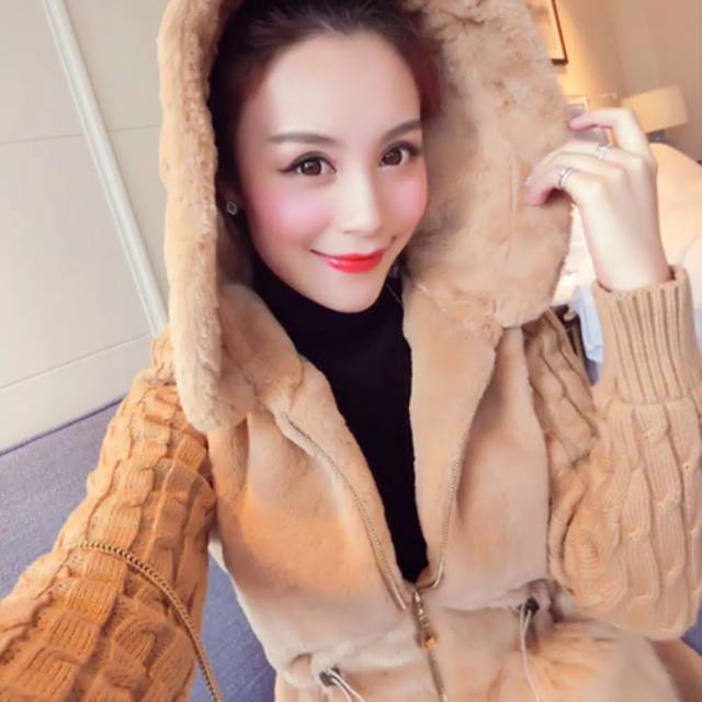 WOMAN WINTER PLUSH FUR KNIT HOODIE WARM JACKET JAKET WANITA BULU RAJUT MUSIM DINGIN