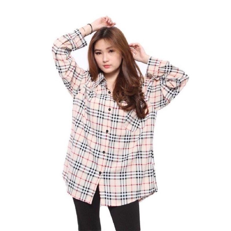 Kemeja Wanita Basic Lengan Panjang Katun Kotak XL-XXL/ Atasan Wanita-Mocca