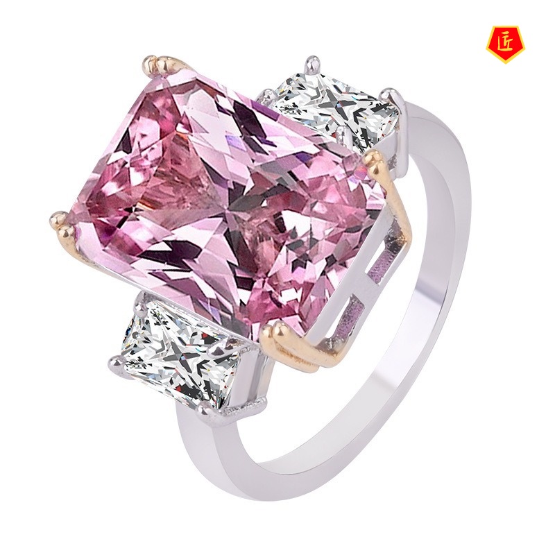 [Ready Stock]Pink Crystal Color Separation Square Diamond Ring Luxury and Elegant