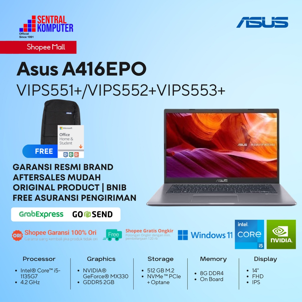 Asus A416EPO-VIPS551+ i5-1135G7-MX330-8GB-512GB SSD-Win 11+OHS