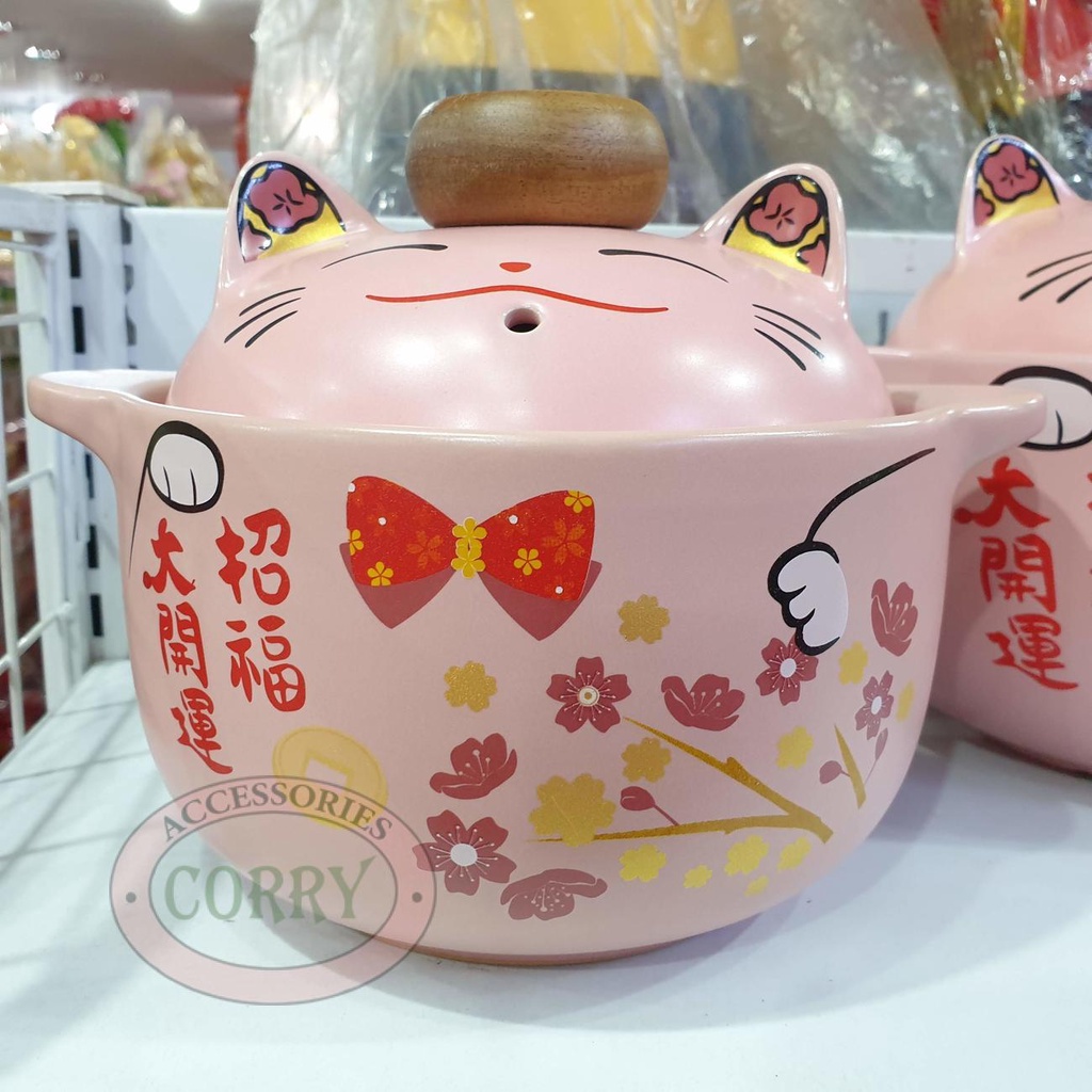 Panci Keramik Kuah Pink 21 X 16 Cm Kucing Lucu Imlek