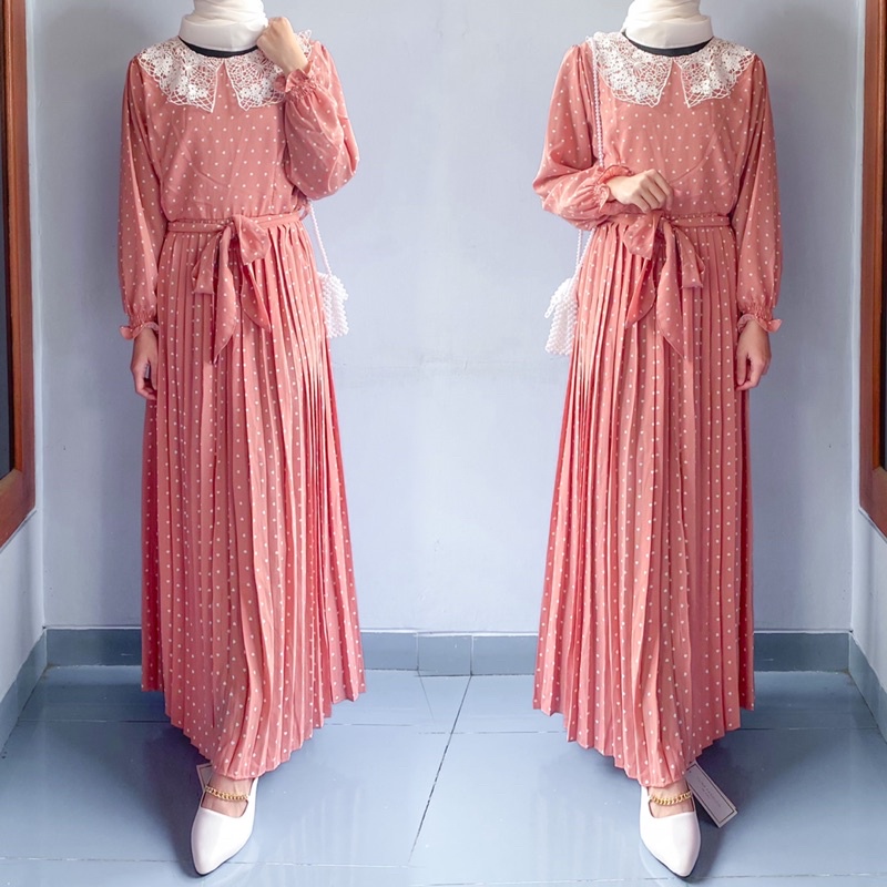 Gamis kombinasi plisket renda polkadot polka by yuna fashion