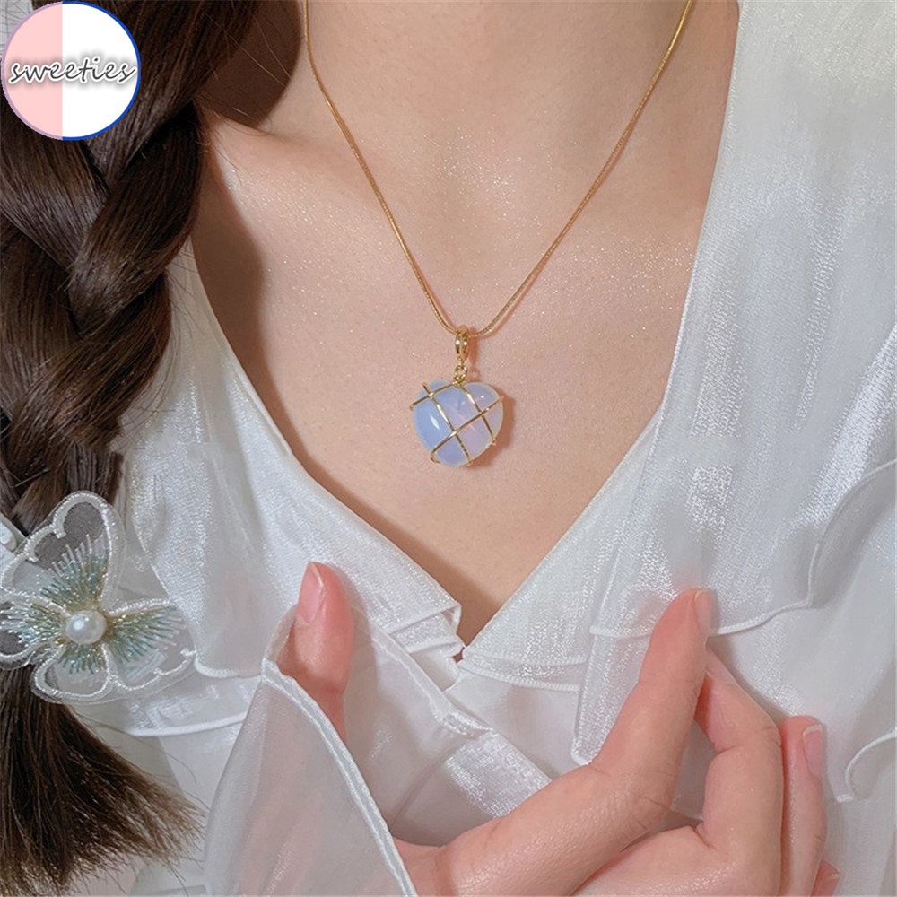 Kalung Liontin Hati Kristal Opal Pink Untuk Wanita