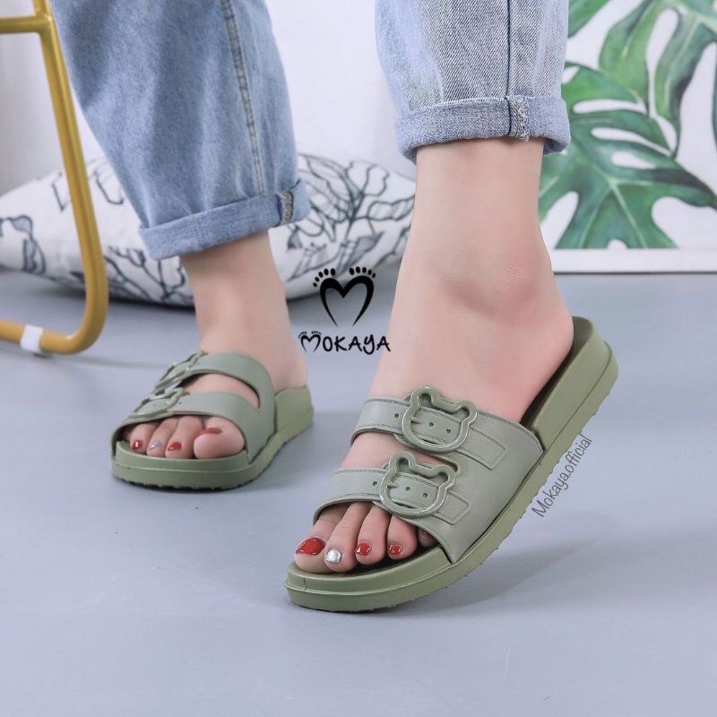 [SUPER BEST SELLER] Sandal slop gesper Bear Import Mokaya size 37/41 ( 420-2 / ST-2022-L-74 )-Hijau