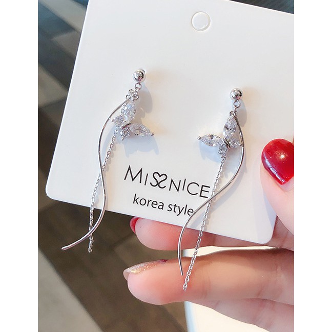 LRC Anting Tusuk Fashion Silver 925 Silver Needle Zircon Butterfly Wavy Line Tassel Earrings D15303