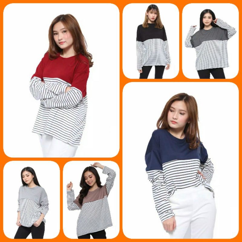 Kaos Wanita Jumbo Lengan Panjang Motif Garis