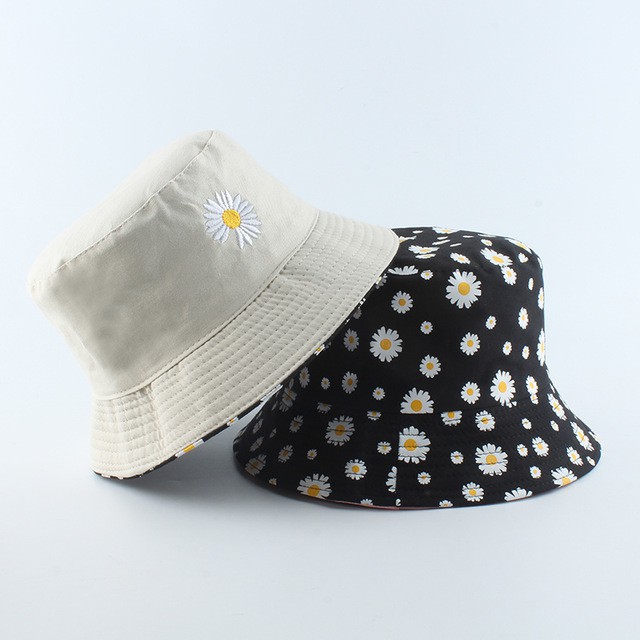 Topi Bucket Dua Sisi Anti Uv Motif Bordir Bunga Daisy Bahan Katun Twill / Bucket Bordir Bunga