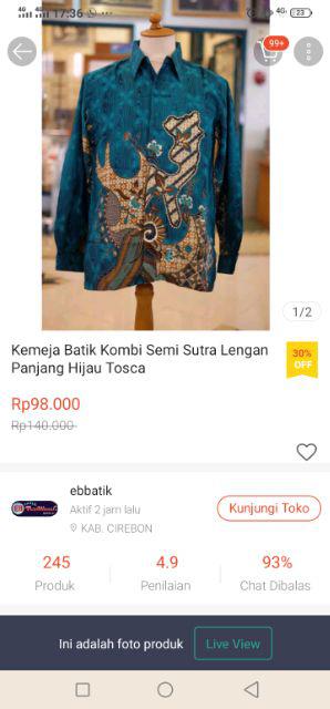 Eb Tradisional Kemeja Batik Kombi Semi Sutra Lengan Panjang Hijau Tosca