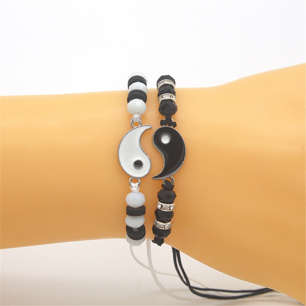 2Pcs Tai Chi Bagua Yin Yang Hitam dan Putih Tenunan Tangan Gelang Pasangan untuk Pria dan Wanita Dapat Disesuaikan
