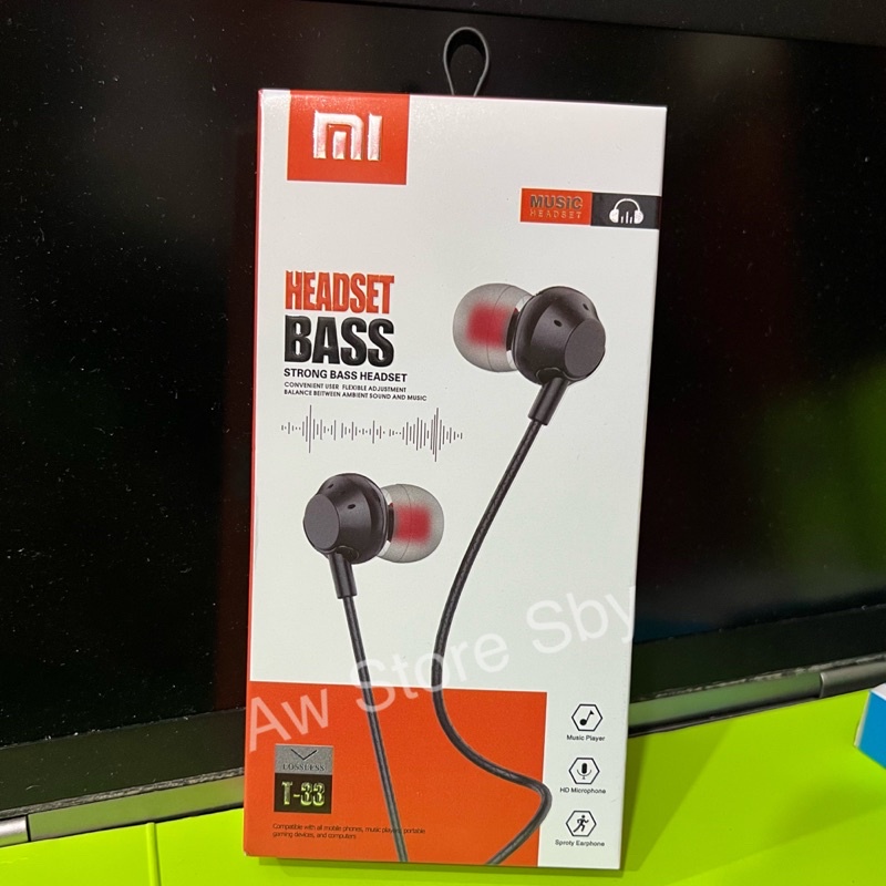 (Xiaomi T-33) Headset Xiaomi Strong Bass Stereo + Microphone Earphone Xiaomi Mega Bass Note 7 8 9 10 10A 10C poco M2 M3 M4