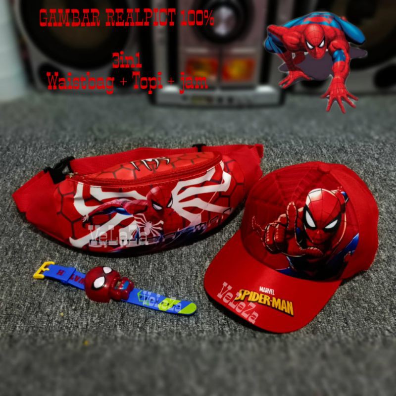 Waistbag anak karakter spiderman 3in1 - Waist bag + topi + jam