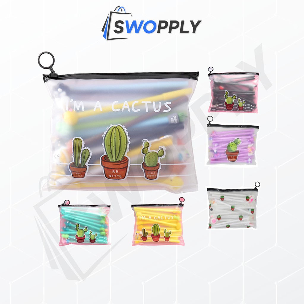 Swopply HL0078 Pena Karakter Set Pouch Isi 20 Pcs Tempat Pensil Transparan Zipper Bag