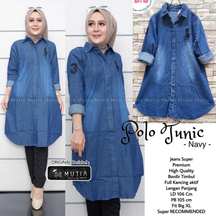MURAH ATASAN JEANS WANITA polo tunik dark blue long baju panjang