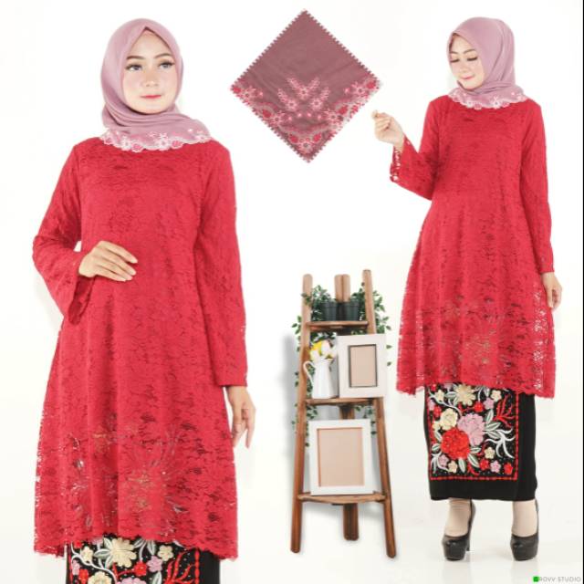 Semi gamis brukat katun merah marun