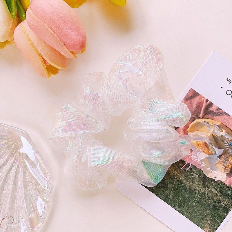 Ikat Rambut Scrunchie Cepol Bahan Satin Transparan Hologram Unicorn Gaya Korea