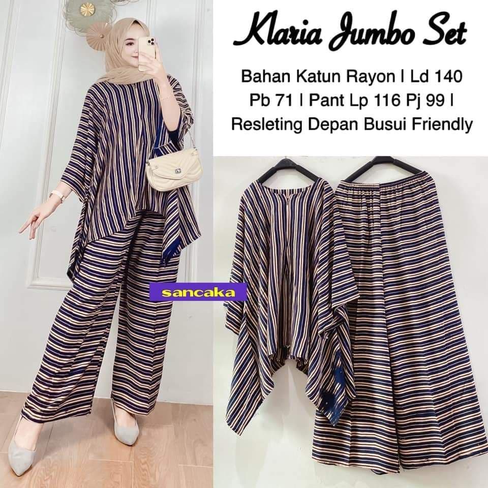 Klaria Set Jumbo - One Set Jumbo Katun Rayon Tidie Premium Busui Setelan Wanita Waka Waka Set Celana Panjang Bigsize LD 140 cm