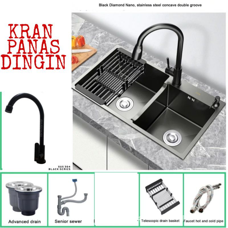 Paket Lengkap Bak cuci piring ONAN ORIGINAL 8245 BLACK KITCHEN sink Hitam