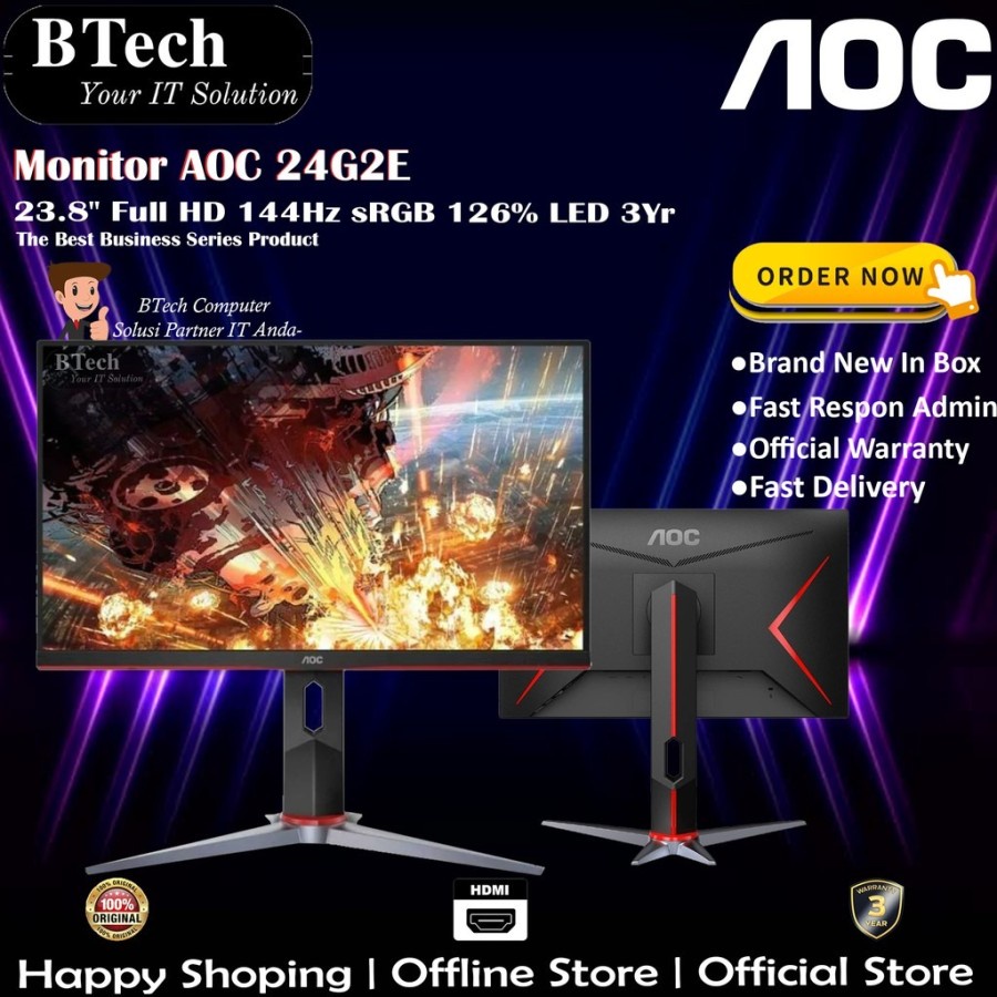 Monitor AOC 24G2E 23.8" Full HD 144Hz sRGB 126% LED 3Yr