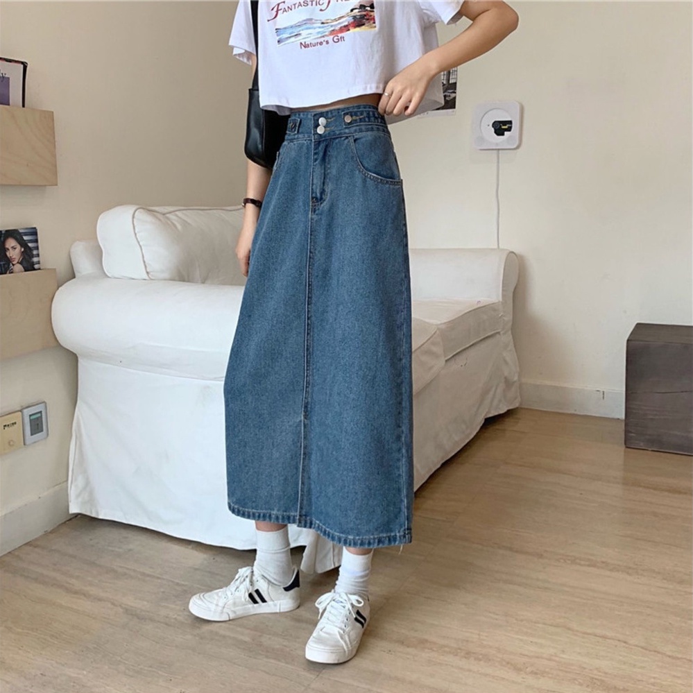 Korean Style Rok Pendek Jeans Wanita /Denim Pinggang Tinggi Rok Panjang