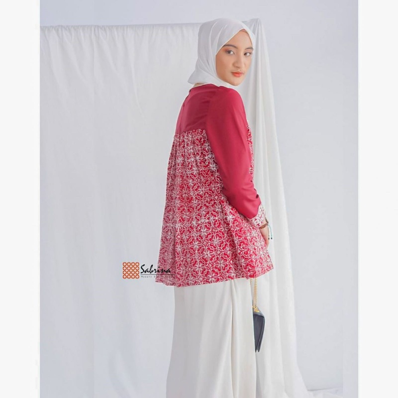 Adena Maroon Blouse Atasan Batik Wanita Kerja Kantor Modern Kekinian Katun Cap