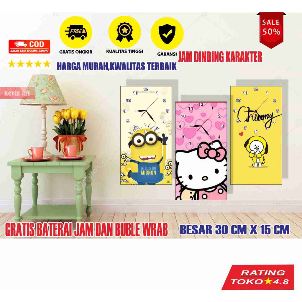 Jam Dinding Karakter Hello Kity Minion Serba Serbi BT21 Member Kartun Unik Jam Dinding Kaligrafi Mesjid Jam Meja Ukuran 30cm