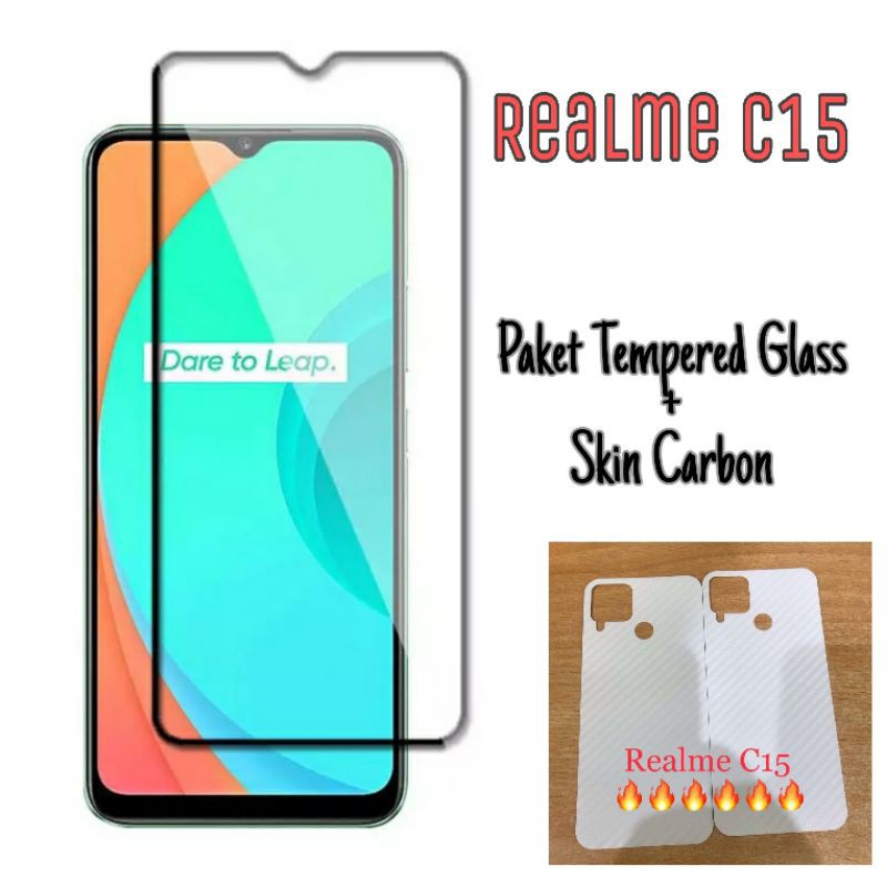 Tempered Glass Realme C15 Screen Guard Protector Free Back Skin Carbon Handphone