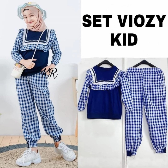 NKY - SET VIOZY KOTAK KID SETELAN BAJU ANAK SETELAN CELANA MOTIF KOTAK - Navy