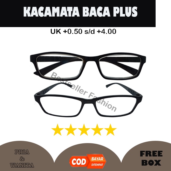 Kacamata Baca Plus (+) Uk. +0.50 s/d +4.00 Unisex Rabun Dekat Frame Plastik Pria/Wanita Murah Bingkai Hitam FREECASE