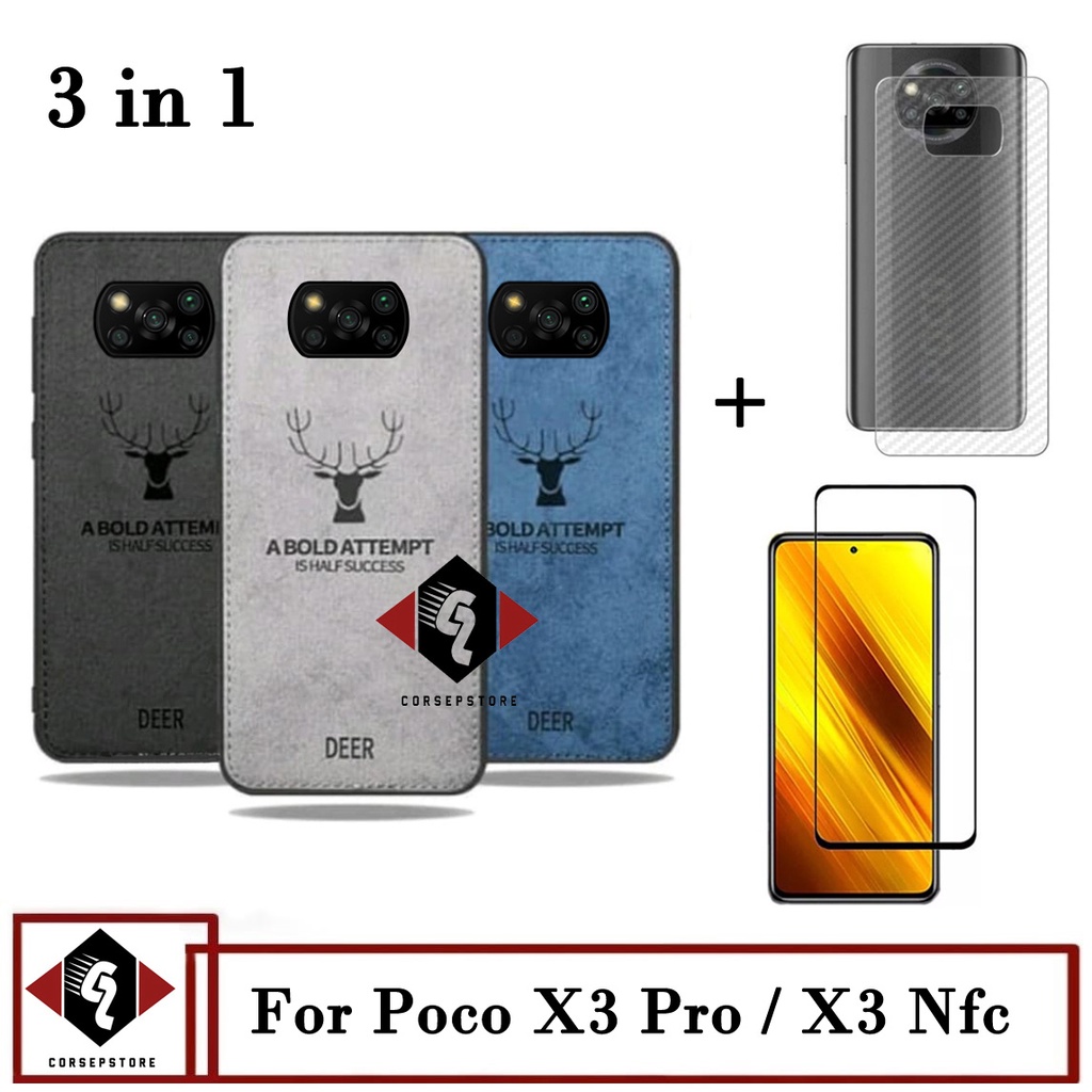 Paket 3in1 Case Deer Poco X3 / Poco X3 NFC Anti Gores Layar Free Garskin