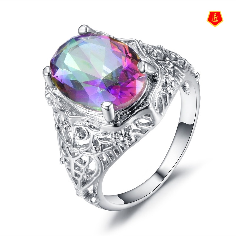 [Ready Stock]Colorful round Gemstone Ring Retro Fashion