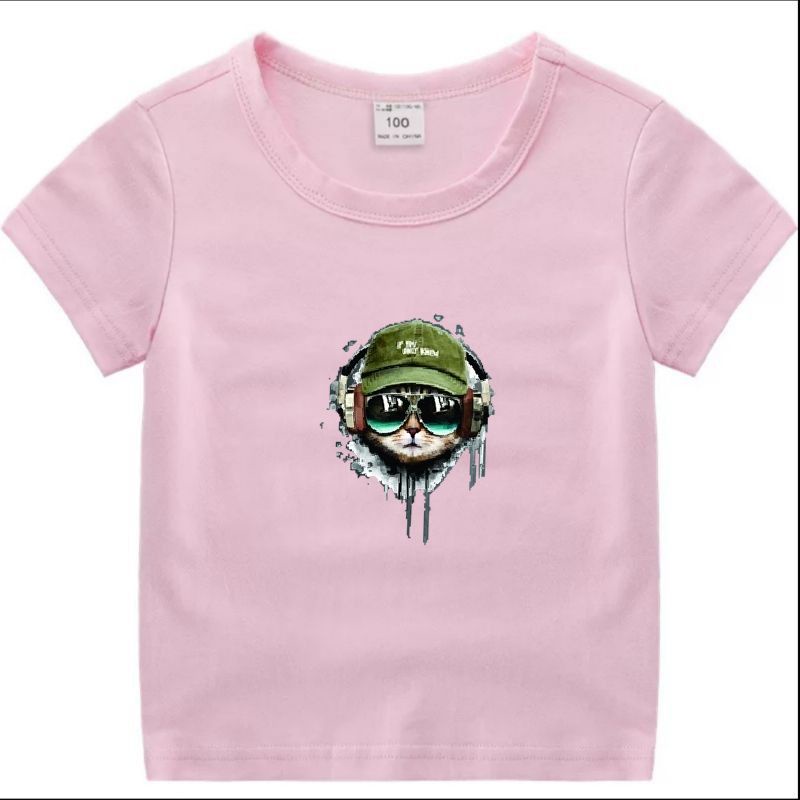 kaos anak anak motif kucing gaul SIZE S M L XL warna hitam putih nevy maron misty mustrad Turkis Pink