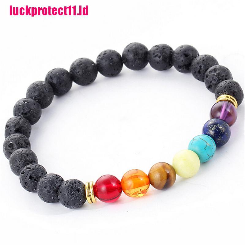 (LUCK) 1pc Gelang Tangan Wanita Manik Batu Lava Rock Chakra Reiki 7 Batu Permata