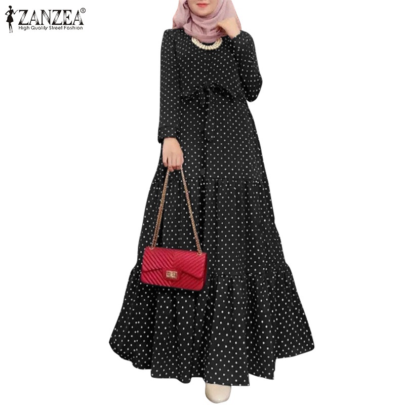 ZANZEA Women Fashion Full Sleeve O Neck Belt Polka Dot Printed Reto Muslim Maxi Dress