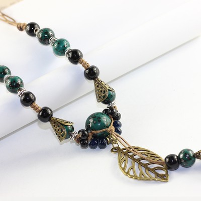 Kalung Chinese KC-13 Etnik Batu Keramik Green Beads Leaf