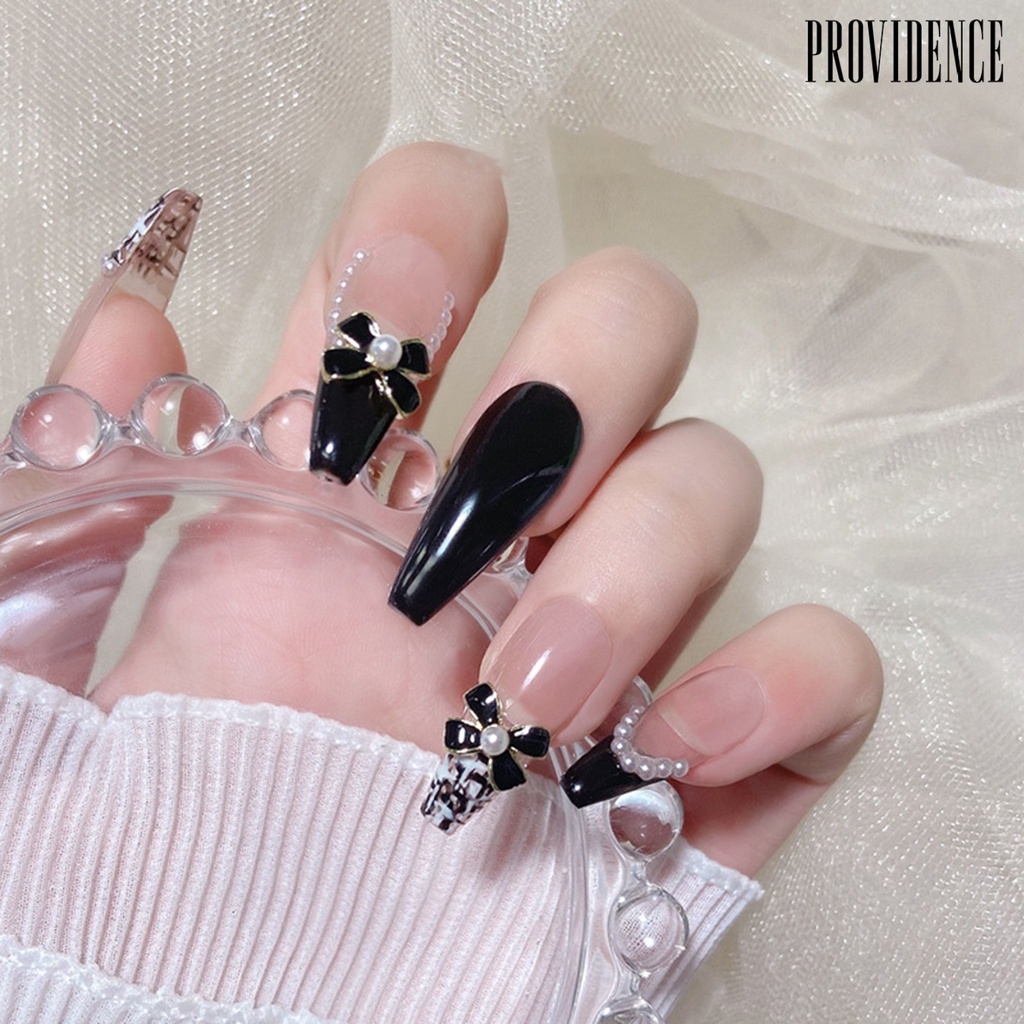 Providence 5Pcs / Set Kuku Palsu Motif Pita + Mutiara Imitasi Untuk Nail Art / Manicure DIY