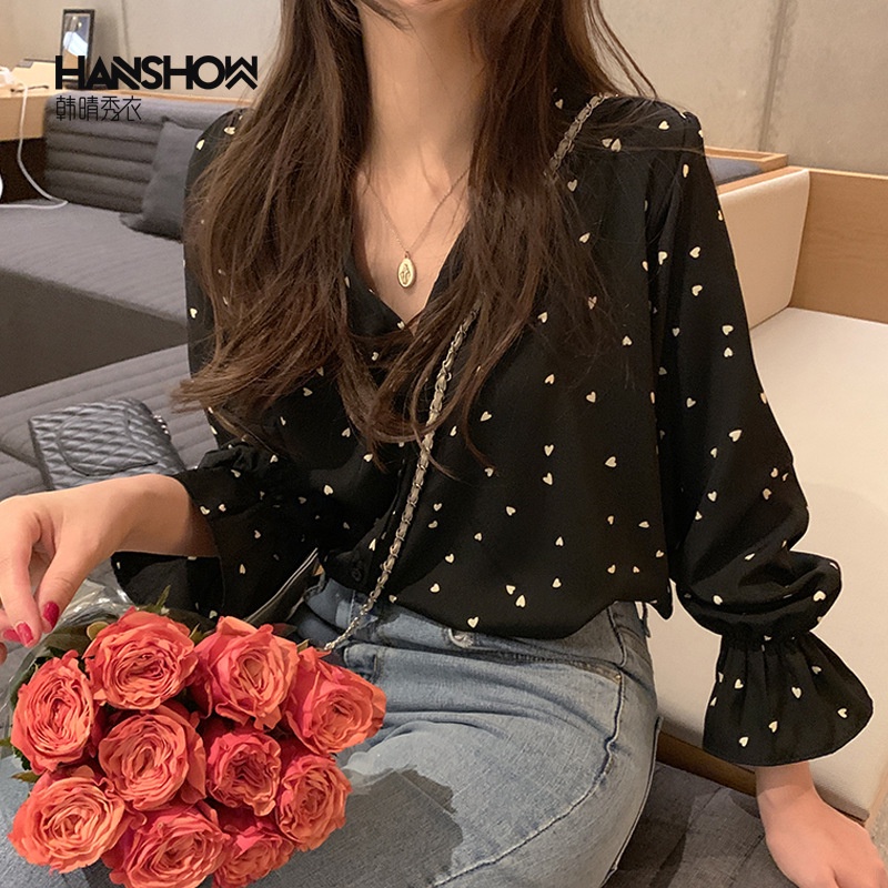 #Sisjuly# Sablon Wanita Lengan Panjang V-Neck Kepribadian Retro Kemeja Gaya Barat Wanita