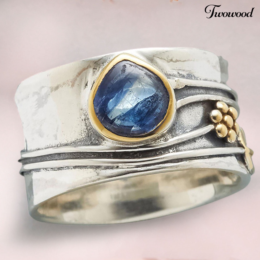 Twowood Two-tone Simple Statement Vintage Ring Blue Faux Gem Leaves Flower Finger Ring Jewelry Accessaries