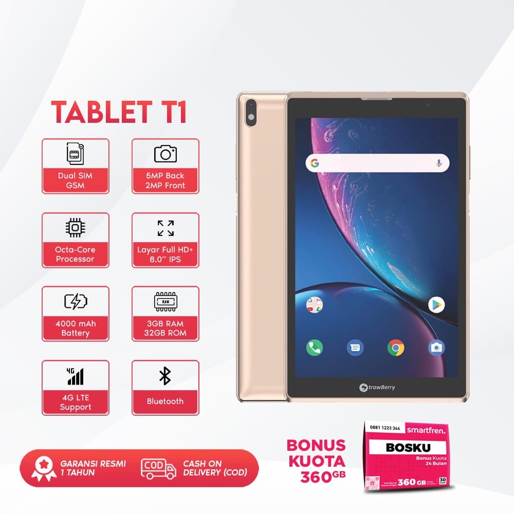 Strawberry T1 Tablet Android Tablet Murah Handphone 4G LTE 8.0" 9.0 3GB/32GB Multifungsi