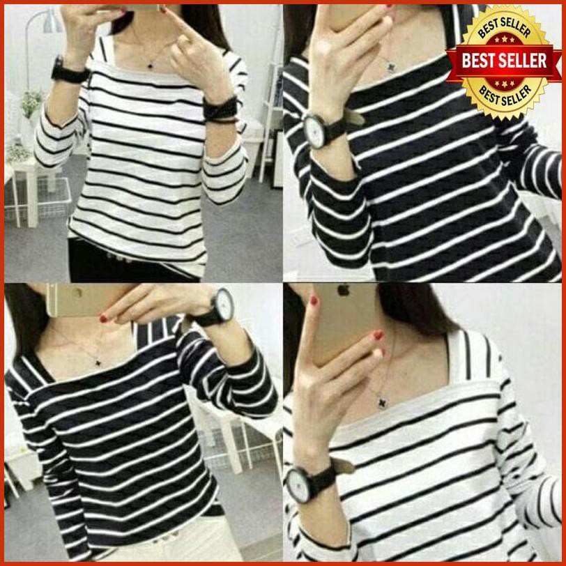 >501@ Kelly Salur Baju Atasan Kaos Wanita Lengan Panjang Pakaian Santai Cewe - Putih ®