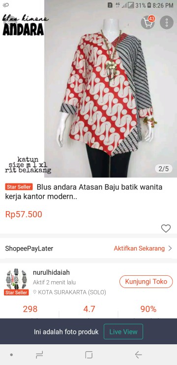 Blus Andara Atasan Baju Batik Wanita Kerja Kantor Modern..