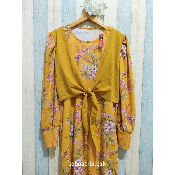 Gamis Voxy Bunga Rompi Tali Kuning Mustard Murah