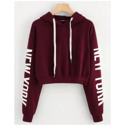 SWEATER ATASAN WANITA CROP HOODIE LENGAN PANJANG PRINT NEW YORK BABYTERRY