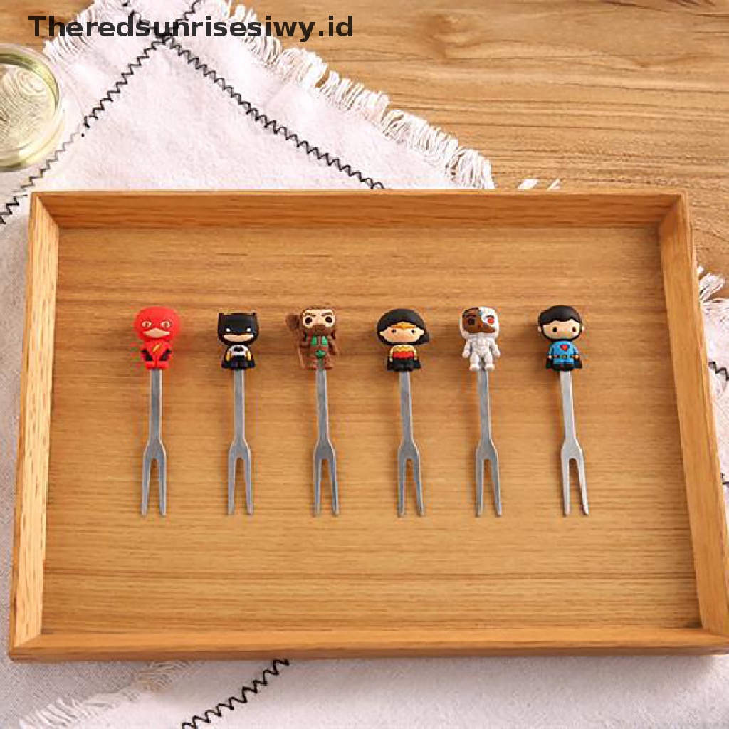 # Alat Rumah Tangga # 6pcs / Set Garpu Buah Desain Kartun Hero Bahan Stainless Steel Dengan Holder