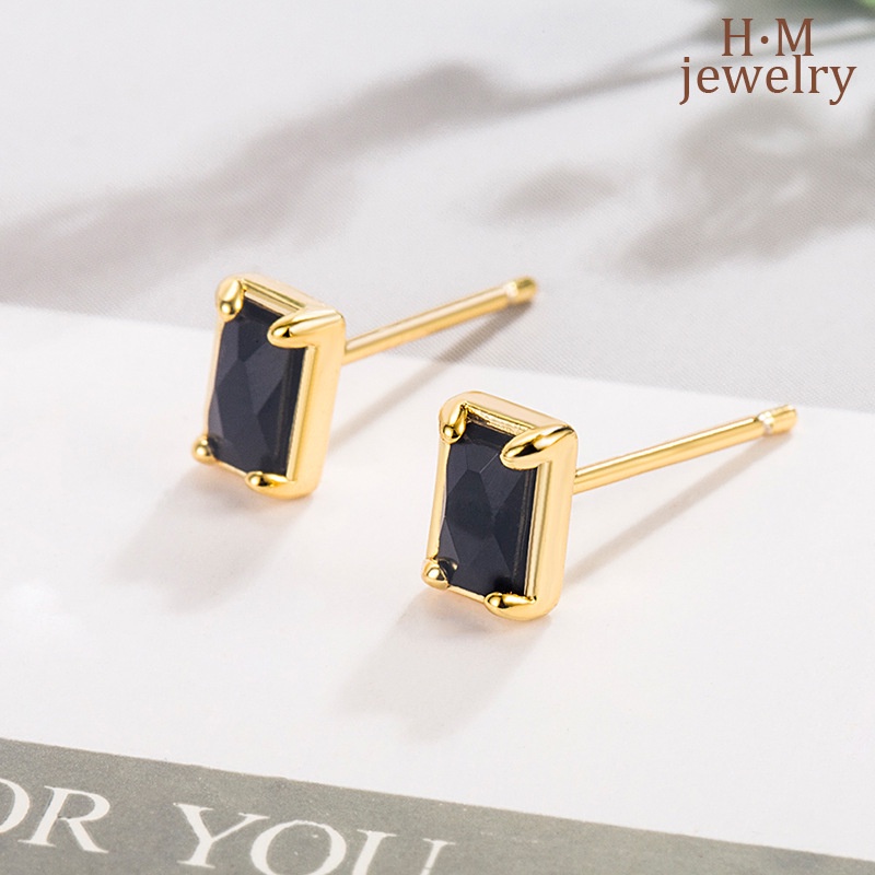 Anting Tusuk Bentuk Kotak Geometri Mini Warna Hitam Gaya Retro Untuk Wanita