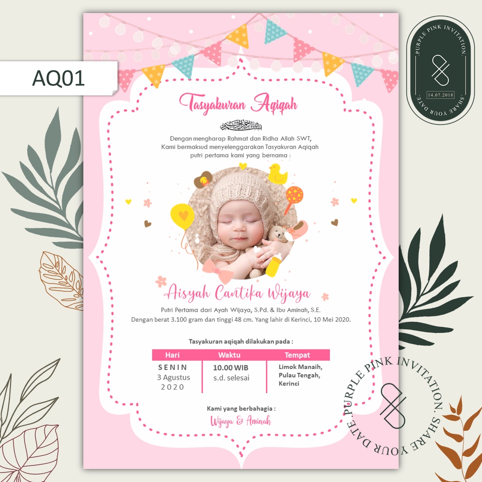 Undangan Digital Aqiqah Code AQ01 Softfile Warna Pink | 𝐏𝐮𝐫𝐩𝐥𝐞 𝐏𝐢𝐧𝐤 𝐈𝐧𝐯𝐢𝐭𝐚𝐭𝐢𝐨𝐧