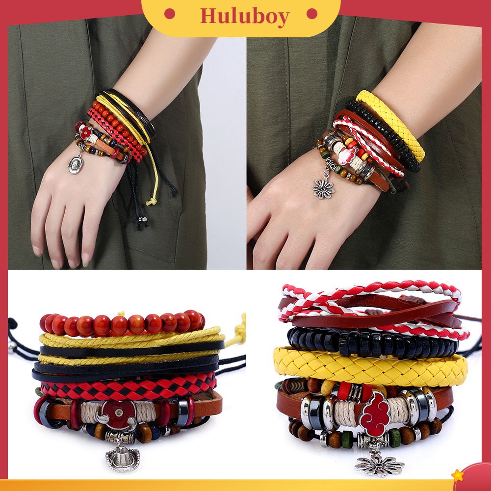 Hu Hu Hu Hu Hu Alat Bantu Pasang Kacamata♡ 4pcs / Set Gelang Multilayer Bahan Kulit Imitasi Gaya Retro Etnik Untuk Wanita